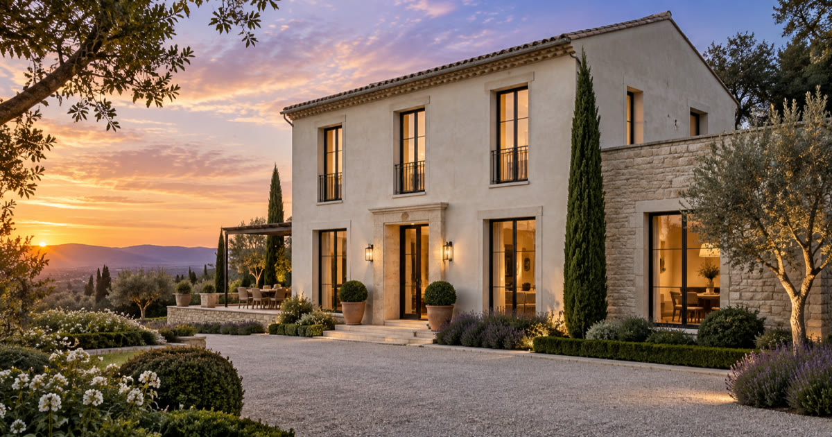Maison contemporaine baignée par une lumière de fin de journée