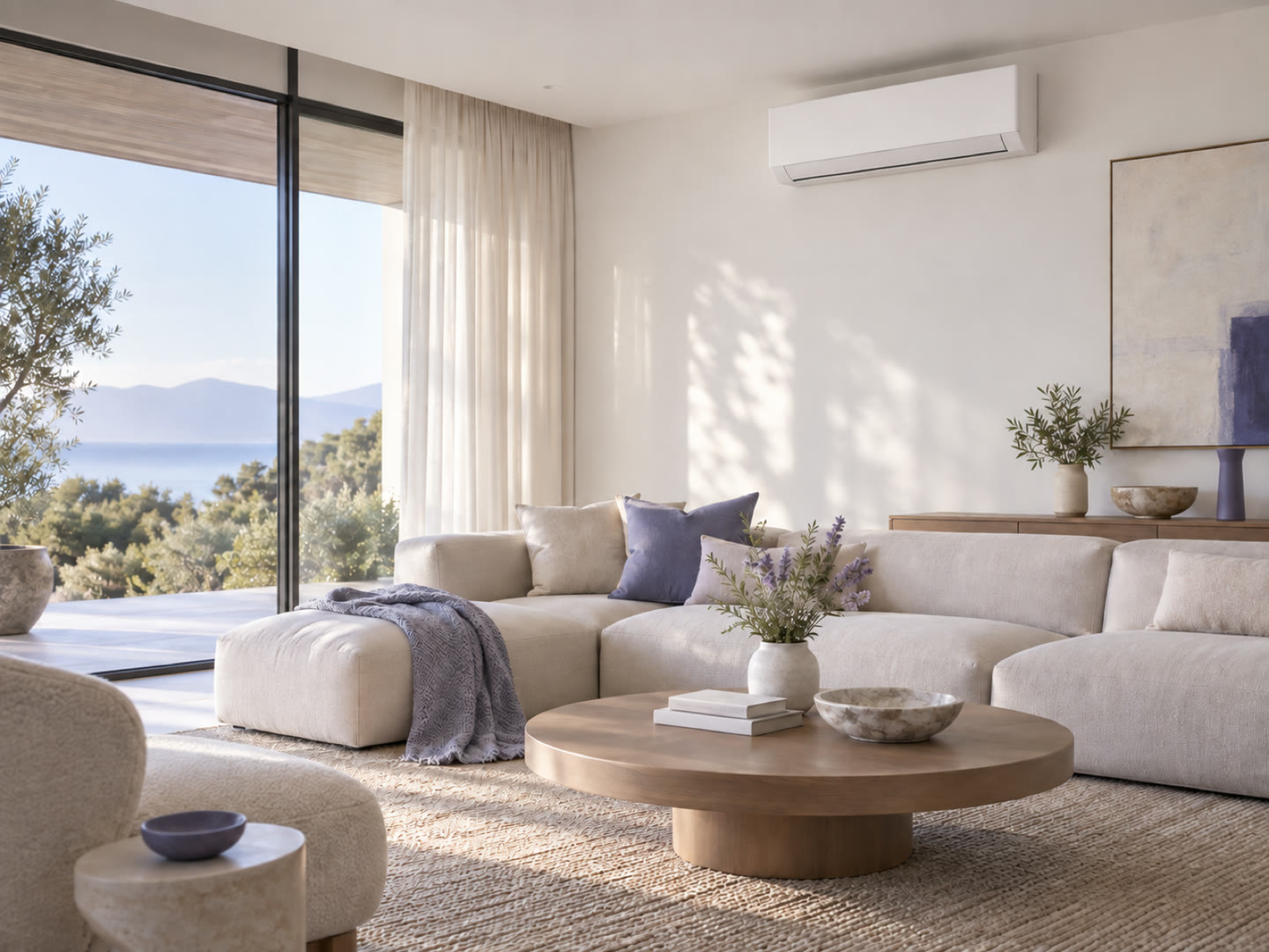 Salon contemporain lumineux avec une climatisation murale discrètement intégrée